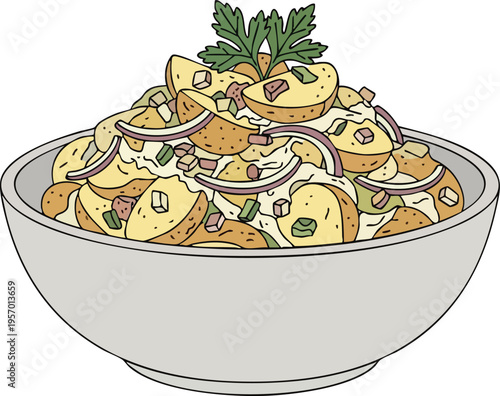 Delicious Potato Salad with Red Onions and Parsley Garnish in a Bowl.