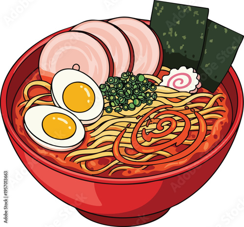 Delicious Bowl of Traditional Japanese Ramen Noodles with Toppings.