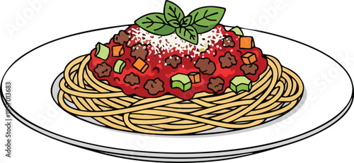 Delicious Spaghetti Bolognese with Fresh Basil and Parmesan Cheese.