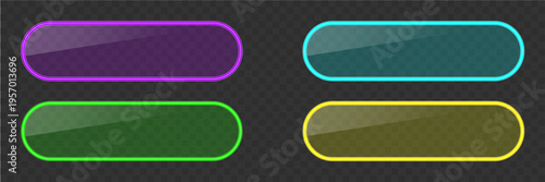 Neon light pill frame with rounded corners. Modern glowing banner for web, game and casino interfaces, call to action buttons and digital advertising design.