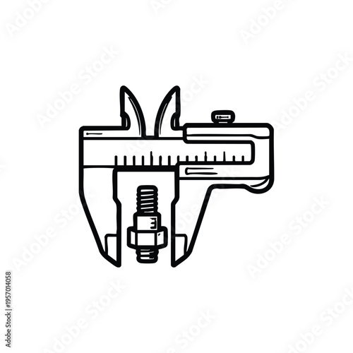 Black and white engineering caliper measuring bolt vector illustration for technical design and precision mechanics