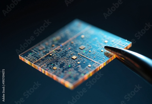 A close-up photograph of a small, rectangular printed circuit board (PCB) held by a pair of tweezers. 
