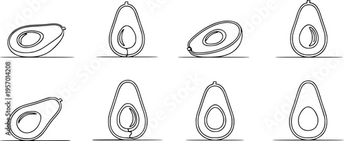 A half of a ripe avocado with a pit on a horizontal line. Drawing in one line art style with editable black stroke