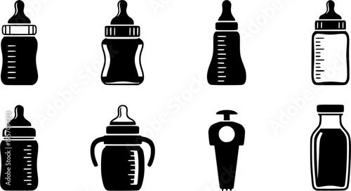  Baby bottle icons set black and white illustrations 