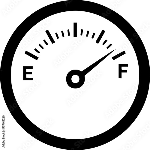  A simple black and white fuel gauge icon indicating a full reading on a white background
