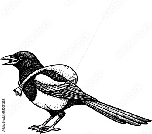  Magpie bandit illustration in vintage engraving style with a sac 