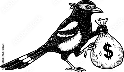  Magpie bandit illustration in vintage engraving style with a sac 