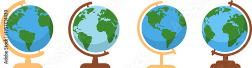 World Globe Illustration Set with Earth Maps in Flat Style for Education Geography Learning, School Materials, Travel Concepts, and Global Awareness Design