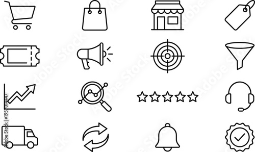 Set of 16 E-commerce and Shopping Line Icons Vector