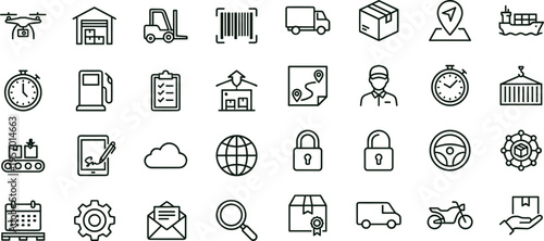 Fleet logistics tracking outline icon set featuring transportation warehouse route monitoring interface symbols for supply chain applications