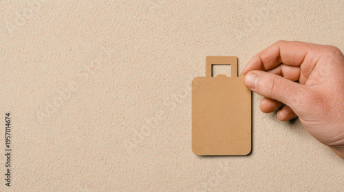 Minimal style hand holding paper cutout of luggage tag on beige textured background, symbolizing travel and organization with simple, clean design