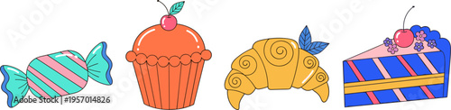 Sweet Dessert Illustration Set with Candy Cupcake Croissant and Cake Slice in Colorful Flat Style for Bakery Design, Food Branding, Kids Menu, and Creative Graphics