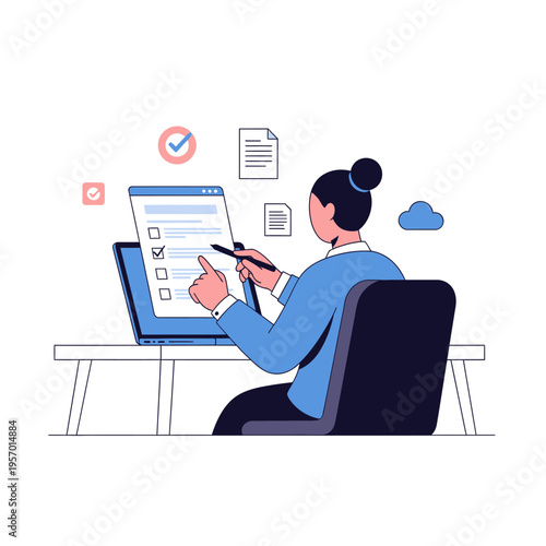 Woman checking off tasks on a digital checklist on a laptop screen, remote work concept.