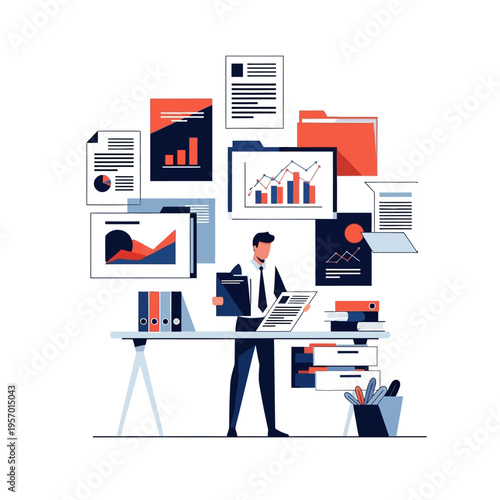 Business Analyst Reviewing Financial Reports and Charts at Desk