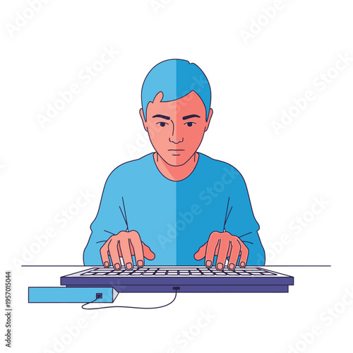 Young person typing on keyboard, focused on computer work, minimalist illustration
