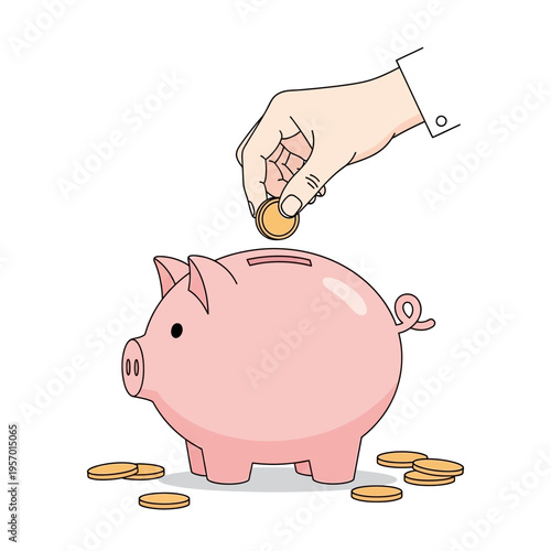 Hand dropping coin into pink piggy bank, saving money concept, isolated on white background