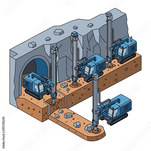 Tunnel Boring Machine Construction Site with Multiple Drills.