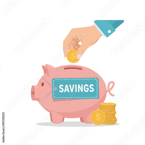 Hand Inserting Coin into Pink Piggy Bank Labeled "Savings" with Stack of Coins
