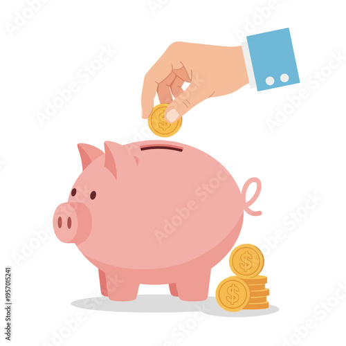 Hand inserting coin into pink piggy bank, saving money concept, financial growth, wealth accumulation