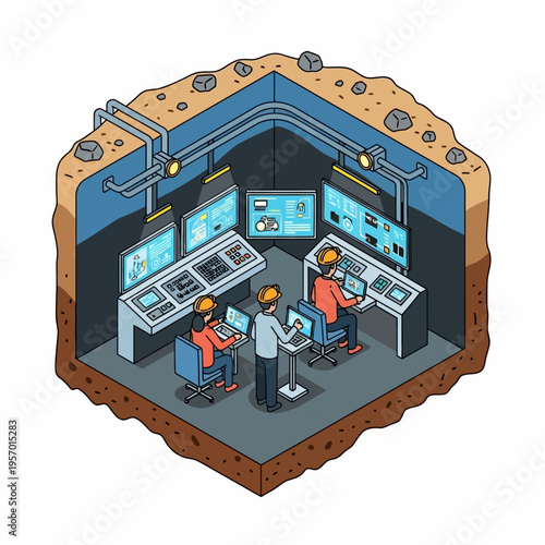 Underground Control Room with Technicians Monitoring Systems.
