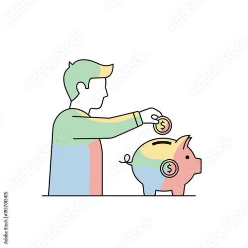 Man Inserting Coin into Piggy Bank, Saving Money Concept, Flat Design