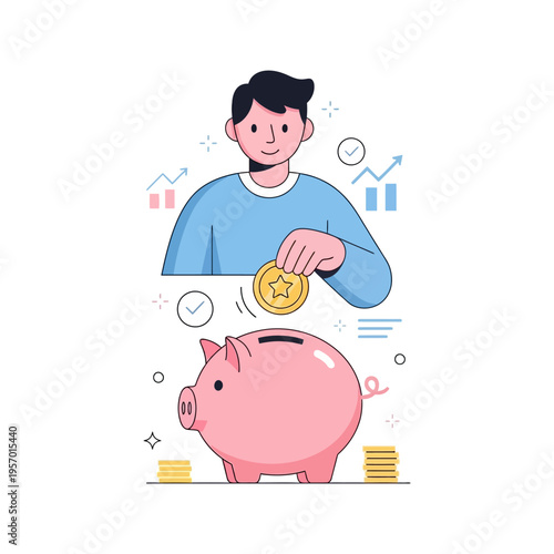Man saving money in piggy bank, financial growth concept illustration