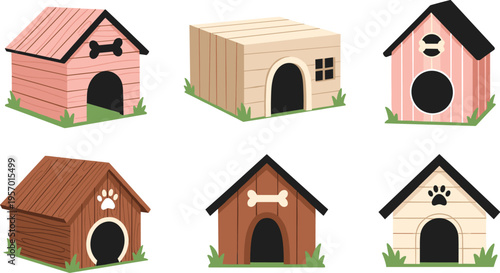 Dog houses collection with wooden pet shelters different styles outdoor kennel cartoon vector illustration set isolated