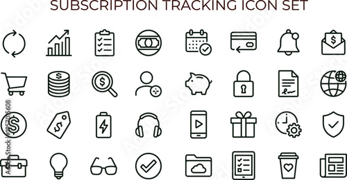 Subscription tracking outline icon set featuring analytics billing notification security dashboard interface symbols for digital service applications