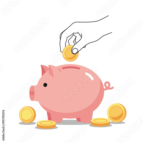 Piggy bank with hand dropping coin, savings concept, isolated on white background
