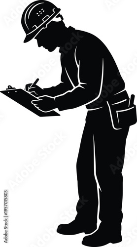 Industrial engineer silhouette wearing hard hat and tool belt writing on clipboard professional construction inspector site manager or foreman character vector