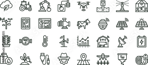 Smart agriculture outline icon set featuring farming automation sensors irrigation renewable energy interface symbols for precision agriculture applications