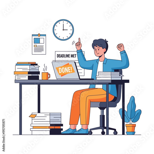 Happy man celebrating deadline met, finished work, successful project completion, organized desk