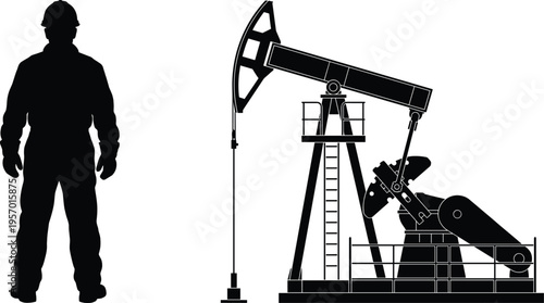 Industrial oil field worker silhouette standing next to pump jack drilling rig professional petroleum engineer character extraction energy fuel production vector