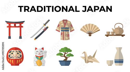 Ten flat icons representing traditional Japanese items arranged in two rows under bold black text