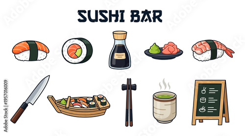 A collection of cartoon sushi bar icons including food condiments utensils and a menu board