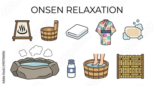 Illustration of various items related to Onsen Relaxation including signage bath items and clothing