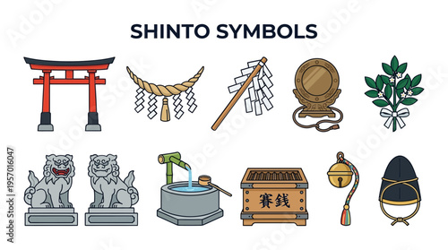 Illustration of ten traditional Shinto religious symbols on a white background