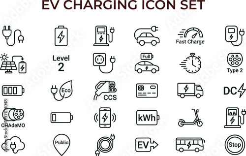 EV charging outline icon set featuring electric vehicle battery station connector interface symbols for sustainable transportation applications