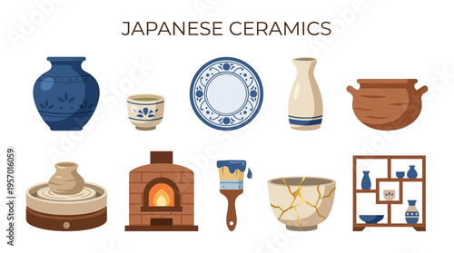 Set of Japanese ceramics items and pottery tools illustrated on a white background