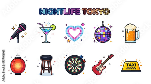 A collection of ten colorful flatdesign icons representing Tokyo nightlife elements