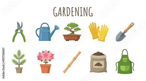 Illustration of ten gardening tools and plants arranged in two rows under the text GARDENING
