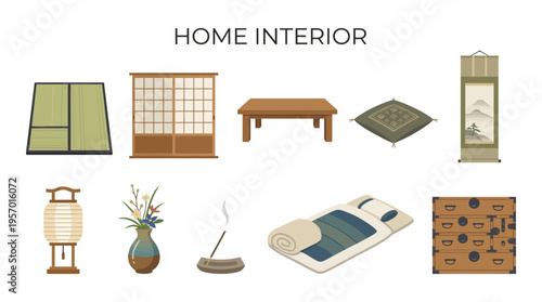 Japanese home interior elements displayed in two rows