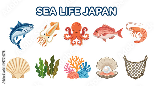 Illustration of Japanese sea life creatures and elements on a white background