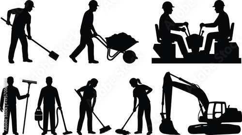 Industrial workers silhouette set with cleaning staff, excavator operator, manual laborers using shovel and wheelbarrow, and heavy machinery drivers for maintenance services