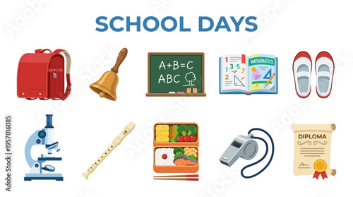Ten schoolrelated icons arranged in two rows under the blue text SCHOOL DAYS