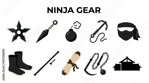 Set of ten black icons depicting various ninja gear and equipment