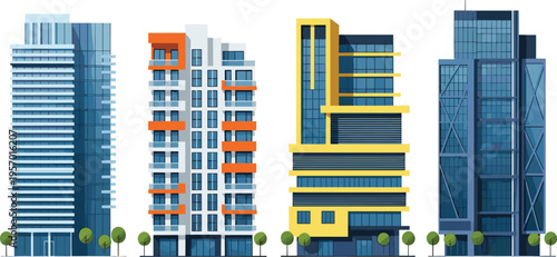 Modern city buildings collection with skyscrapers offices and apartments urban architecture vector illustration set