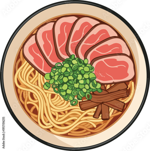 Delicious Bowl of Ramen Noodles with Sliced Beef and Green Onions.