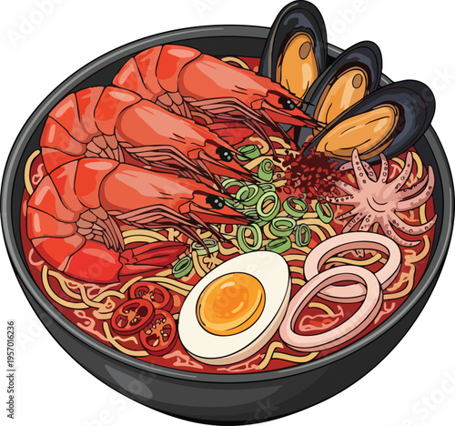 Delicious Seafood Ramen Bowl with Shrimp Mussels and Egg.
