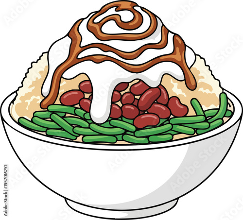 A bowl of dessert with beans and syrup.
